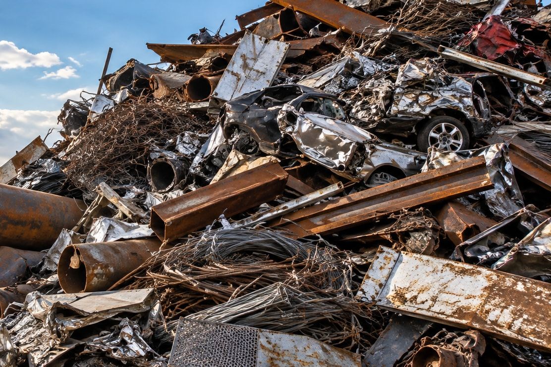 Mixed old steel scrap piled under an open sky: pipe sections, box sections and sheet.