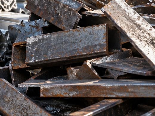 Dark steel plate and section offcuts from manufacturing.