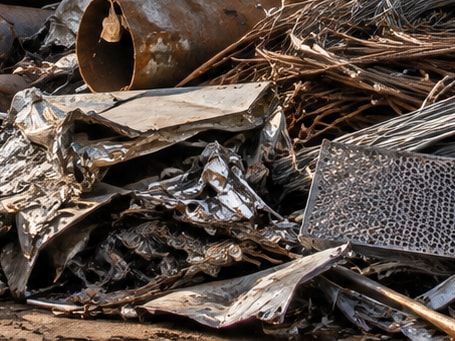Crumpled thin steel sheet and wire in a scrap heap.